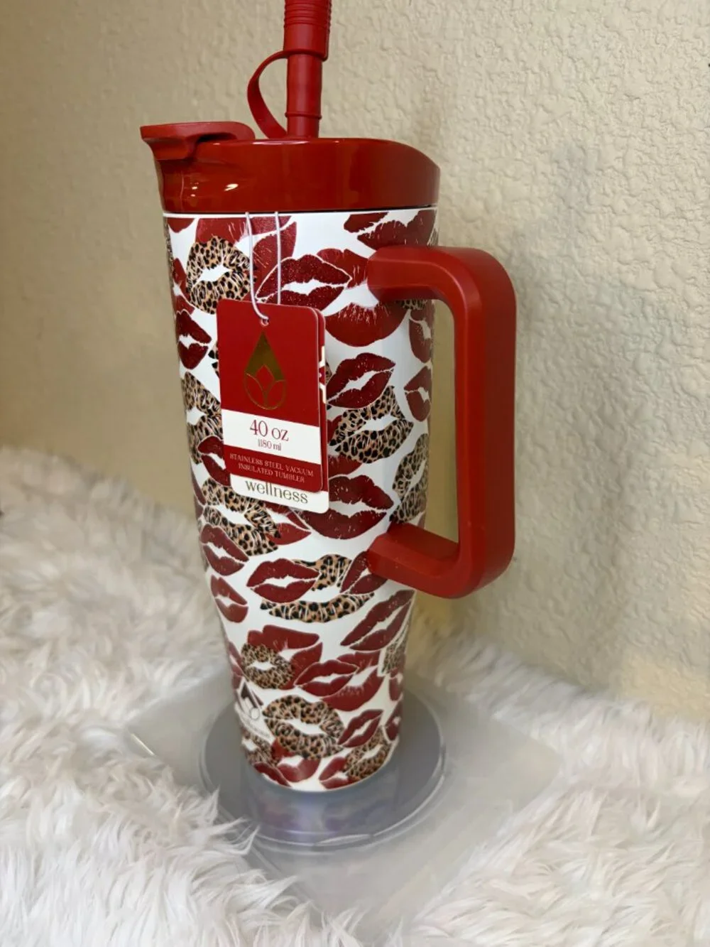 Wellness 40 Oz Leopard Lips Tumbler Red Glitter Straw Handle NWT